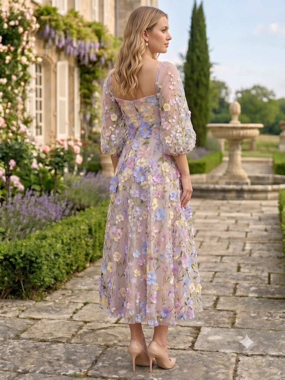 A-Line/Princess Long Sleeves Square Neck Tea-Length Cocktail Dresses with Appliques