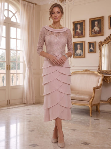 Sheath/Column Scoop Neck 3/4 Sleeves Knee-Length Mother of the Bride Dresses with Lace