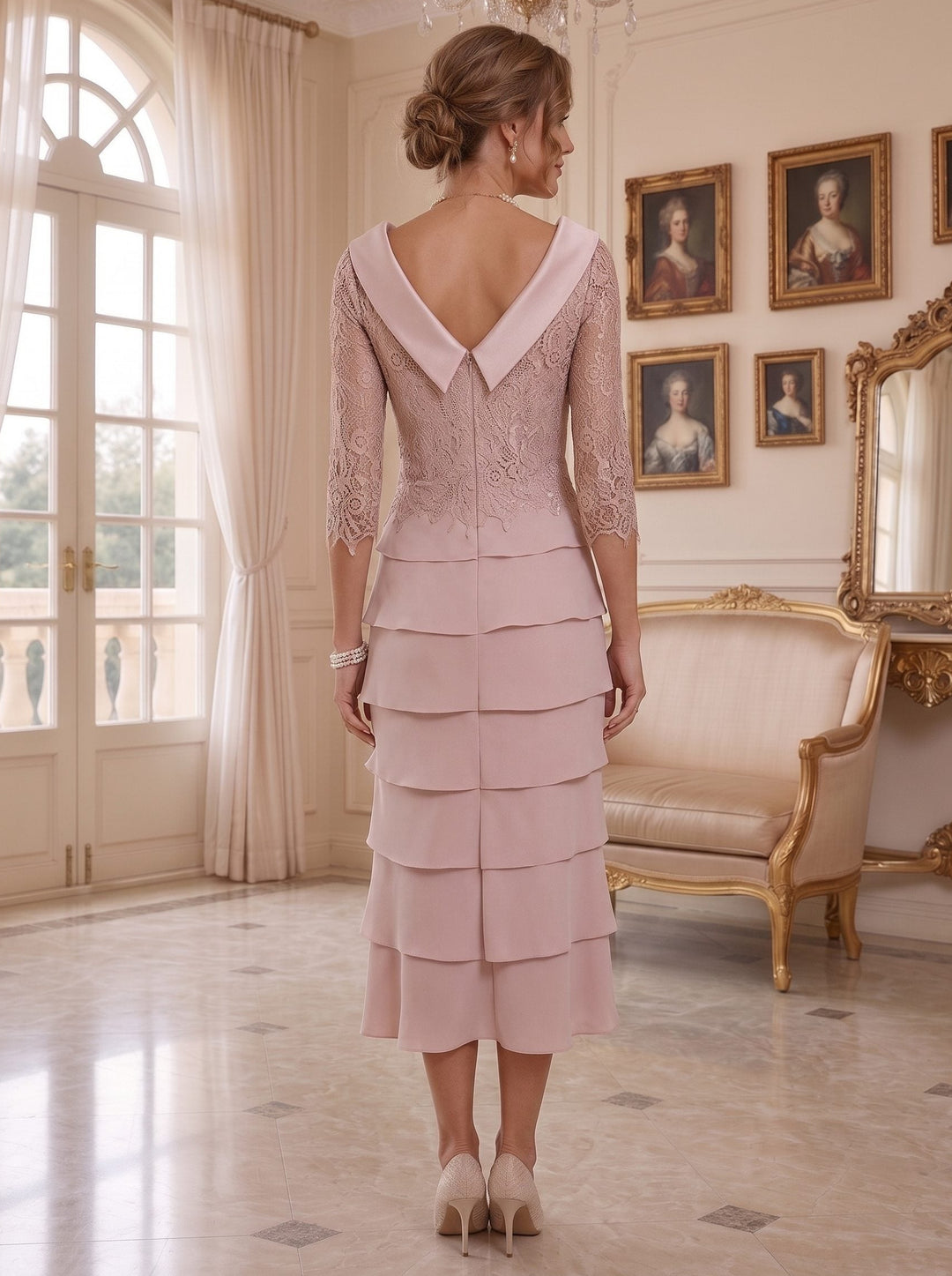 Sheath/Column Scoop Neck 3/4 Sleeves Knee-Length Mother of the Bride Dresses with Lace