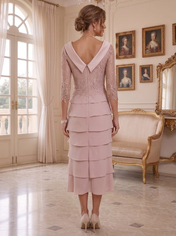 Sheath/Column Scoop Neck 3/4 Sleeves Knee-Length Mother of the Bride Dresses with Lace