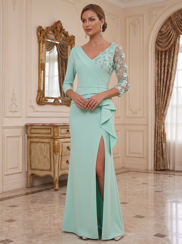 Sheath/Column V-Neck 3/4 Sleeves Floor-Length Mother of the Bride Dresses with Appliques
