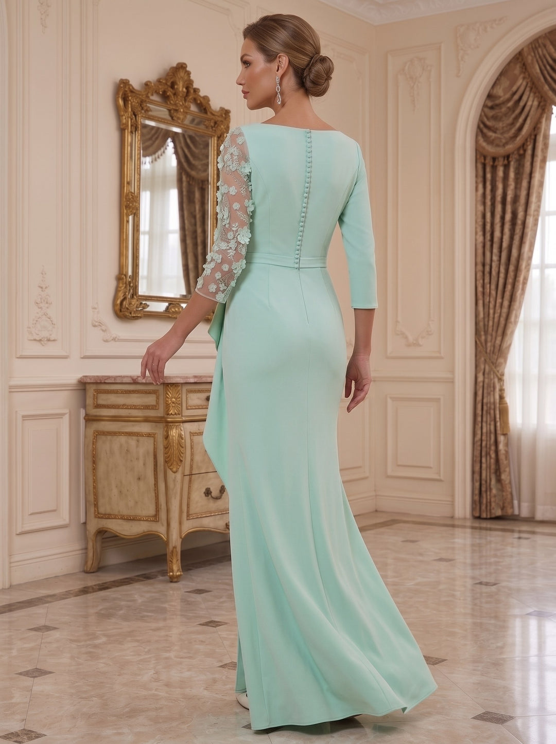 Sheath/Column V-Neck 3/4 Sleeves Floor-Length Mother of the Bride Dresses with Appliques