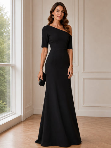 A-Line/Princess One-Shoulder 3/4 Length Sleeves Floor-Length Mother of the Bride Dresses in Black