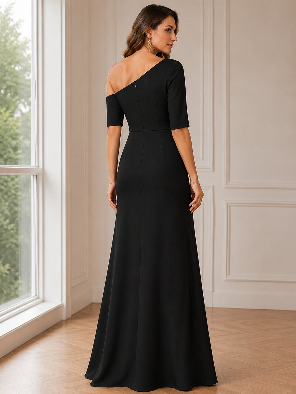 A-Line/Princess One-Shoulder 3/4 Length Sleeves Floor-Length Mother of the Bride Dresses in Black