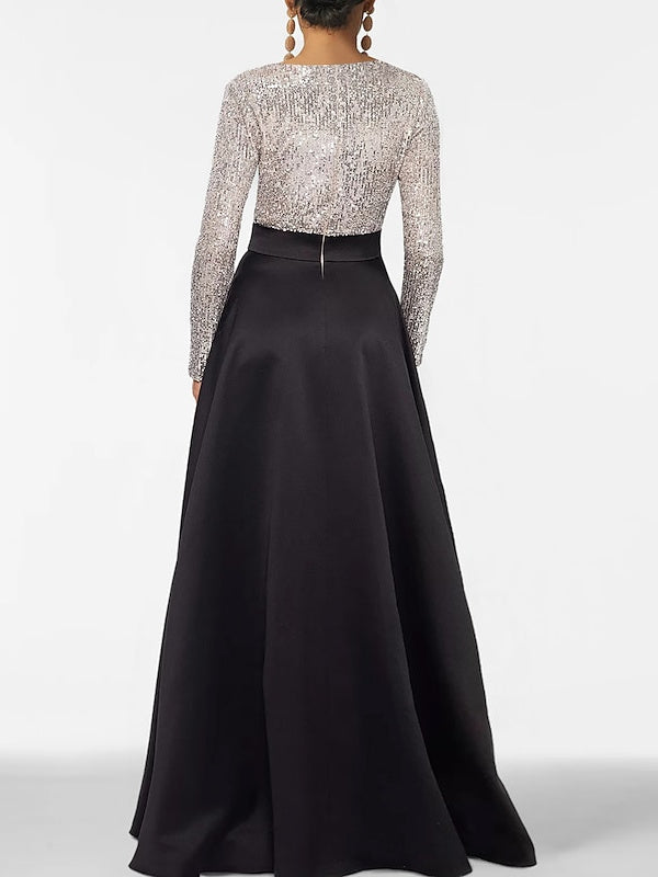 A-Line/Princess Evening Dresses V-Neck Long Sleeves Floor-Length Formal Gown With Pocket & Sequins