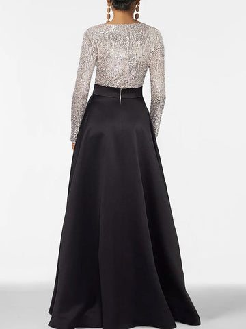 A-Line/Princess Evening Dresses V-Neck Long Sleeves Floor-Length Formal Gown With Pocket & Sequins