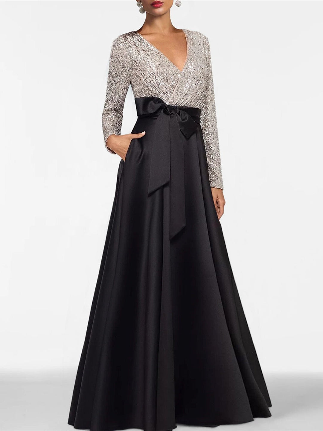 A-Line/Princess Evening Dresses V-Neck Long Sleeves Floor-Length Formal Gown With Pocket & Sequins