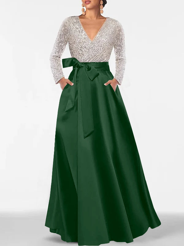 A-Line/Princess Evening Dresses V-Neck Long Sleeves Floor-Length Formal Gown With Pocket & Sequins
