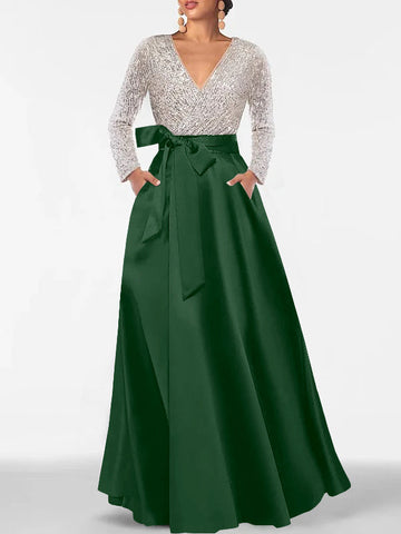 A-Line/Princess Evening Dresses V-Neck Long Sleeves Floor-Length Formal Gown With Pocket & Sequins