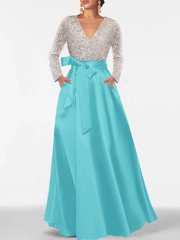 A-Line/Princess Evening Dresses V-Neck Long Sleeves Floor-Length Formal Gown With Pocket & Sequins