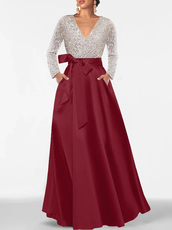 A-Line/Princess Evening Dresses V-Neck Long Sleeves Floor-Length Formal Gown With Pocket & Sequins