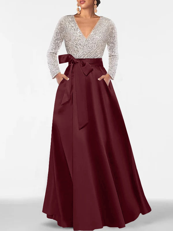 A-Line/Princess Evening Dresses V-Neck Long Sleeves Floor-Length Formal Gown With Pocket & Sequins