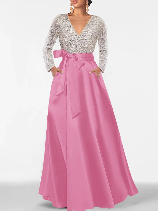 A-Line/Princess Evening Dresses V-Neck Long Sleeves Floor-Length Formal Gown With Pocket & Sequins