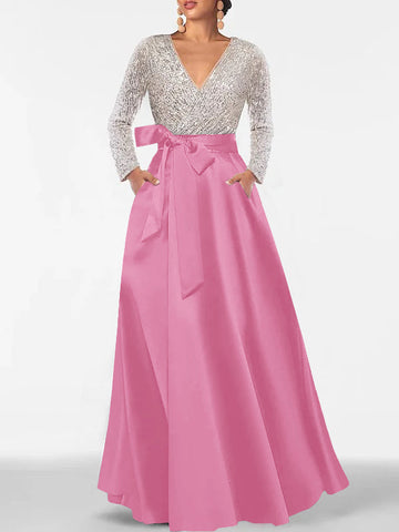 A-Line/Princess Evening Dresses V-Neck Long Sleeves Floor-Length Formal Gown With Pocket & Sequins