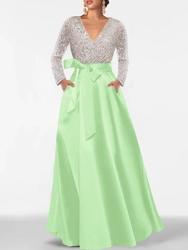 A-Line/Princess Evening Dresses V-Neck Long Sleeves Floor-Length Formal Gown With Pocket & Sequins
