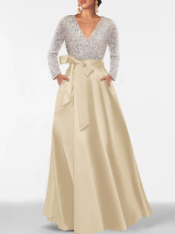 A-Line/Princess Evening Dresses V-Neck Long Sleeves Floor-Length Formal Gown With Pocket & Sequins