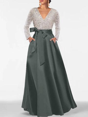 A-Line/Princess Evening Dresses V-Neck Long Sleeves Floor-Length Formal Gown With Pocket & Sequins