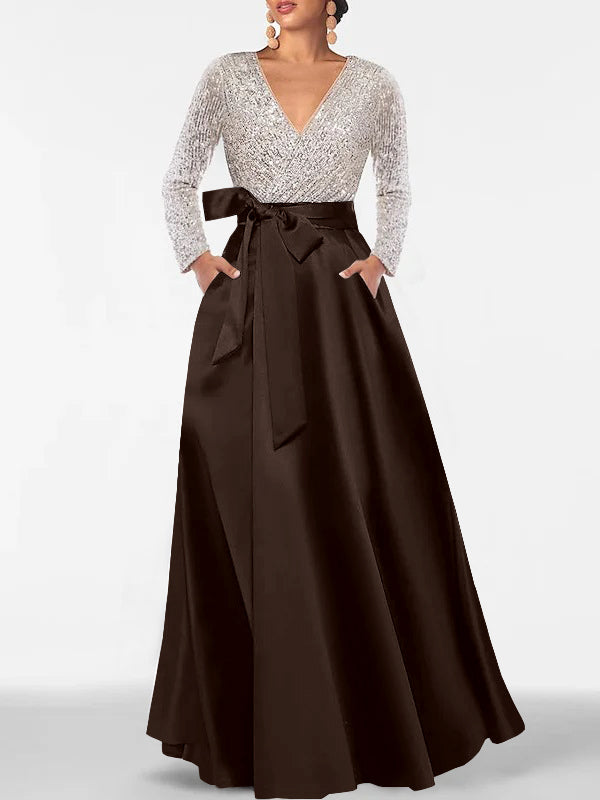 A-Line/Princess Evening Dresses V-Neck Long Sleeves Floor-Length Formal Gown With Pocket & Sequins