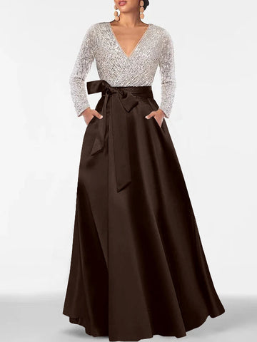 A-Line/Princess Evening Dresses V-Neck Long Sleeves Floor-Length Formal Gown With Pocket & Sequins