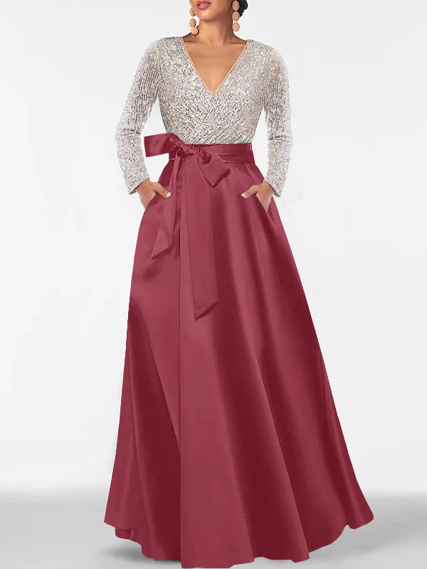 A-Line/Princess Evening Dresses V-Neck Long Sleeves Floor-Length Formal Gown With Pocket & Sequins