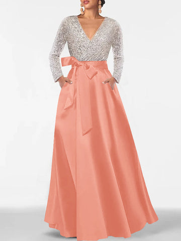 A-Line/Princess Evening Dresses V-Neck Long Sleeves Floor-Length Formal Gown With Pocket & Sequins