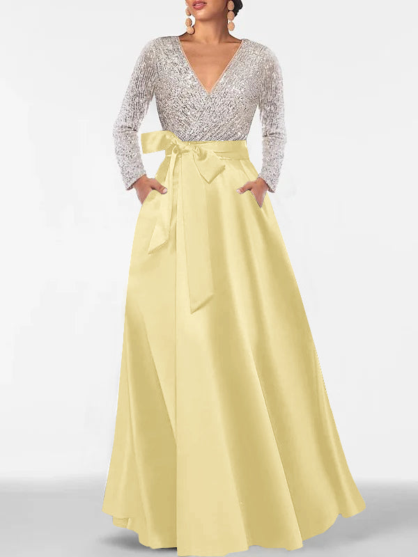 A-Line/Princess Evening Dresses V-Neck Long Sleeves Floor-Length Formal Gown With Pocket & Sequins