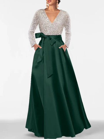 A-Line/Princess Evening Dresses V-Neck Long Sleeves Floor-Length Formal Gown With Pocket & Sequins