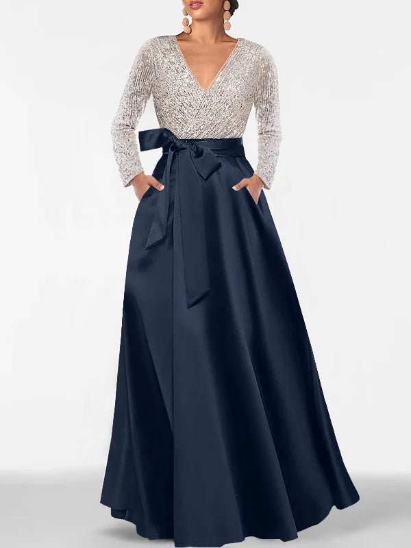 A-Line/Princess Evening Dresses V-Neck Long Sleeves Floor-Length Formal Gown With Pocket & Sequins