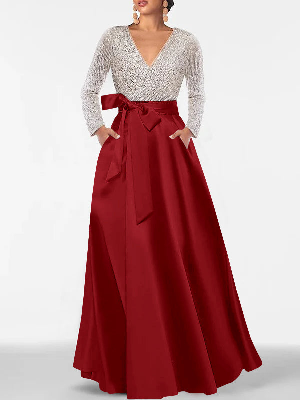 A-Line/Princess Evening Dresses V-Neck Long Sleeves Floor-Length Formal Gown With Pocket & Sequins