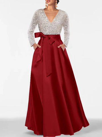 A-Line/Princess Evening Dresses V-Neck Long Sleeves Floor-Length Formal Gown With Pocket & Sequins