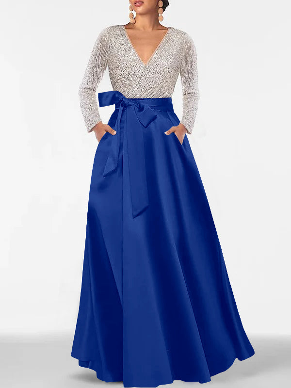 A-Line/Princess Evening Dresses V-Neck Long Sleeves Floor-Length Formal Gown With Pocket & Sequins
