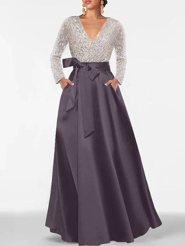 A-Line/Princess Evening Dresses V-Neck Long Sleeves Floor-Length Formal Gown With Pocket & Sequins