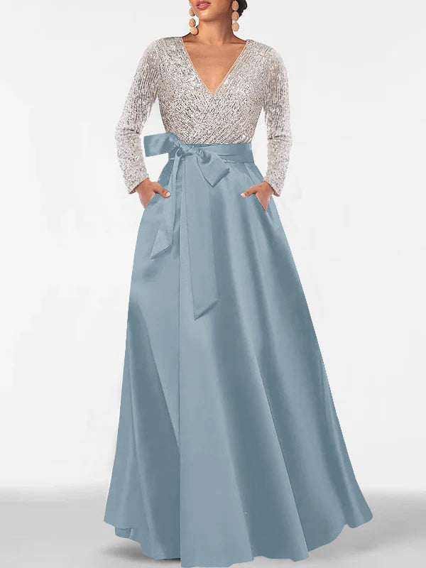 A-Line/Princess Evening Dresses V-Neck Long Sleeves Floor-Length Formal Gown With Pocket & Sequins