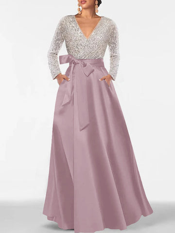 A-Line/Princess Evening Dresses V-Neck Long Sleeves Floor-Length Formal Gown With Pocket & Sequins