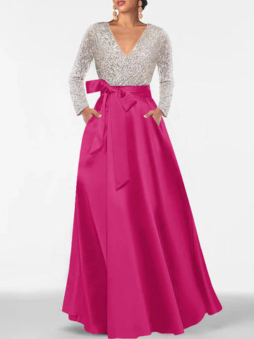 A-Line/Princess Evening Dresses V-Neck Long Sleeves Floor-Length Formal Gown With Pocket & Sequins