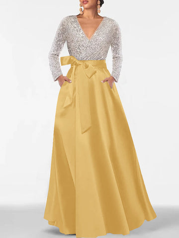 A-Line/Princess Evening Dresses V-Neck Long Sleeves Floor-Length Formal Gown With Pocket & Sequins