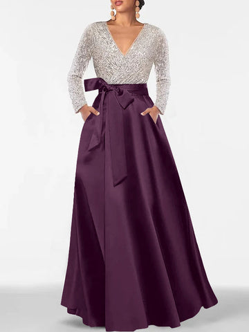 A-Line/Princess Evening Dresses V-Neck Long Sleeves Floor-Length Formal Gown With Pocket & Sequins