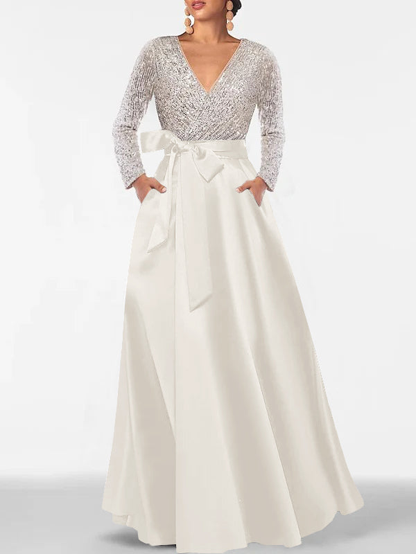 A-Line/Princess Evening Dresses V-Neck Long Sleeves Floor-Length Formal Gown With Pocket & Sequins