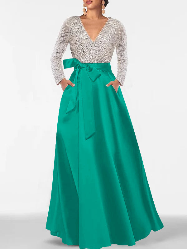 A-Line/Princess Evening Dresses V-Neck Long Sleeves Floor-Length Formal Gown With Pocket & Sequins
