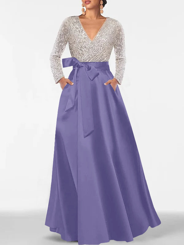 A-Line/Princess Evening Dresses V-Neck Long Sleeves Floor-Length Formal Gown With Pocket & Sequins