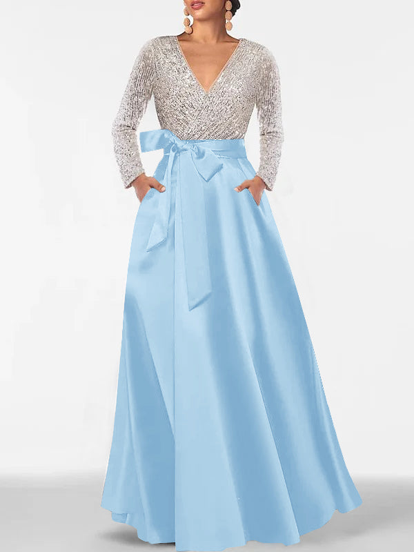 A-Line/Princess Evening Dresses V-Neck Long Sleeves Floor-Length Formal Gown With Pocket & Sequins