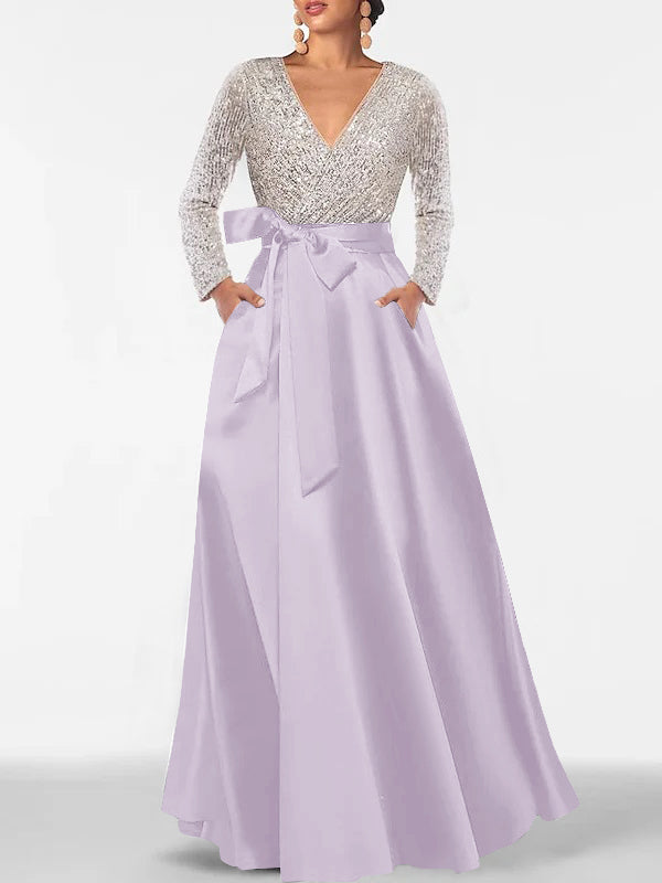 A-Line/Princess Evening Dresses V-Neck Long Sleeves Floor-Length Formal Gown With Pocket & Sequins