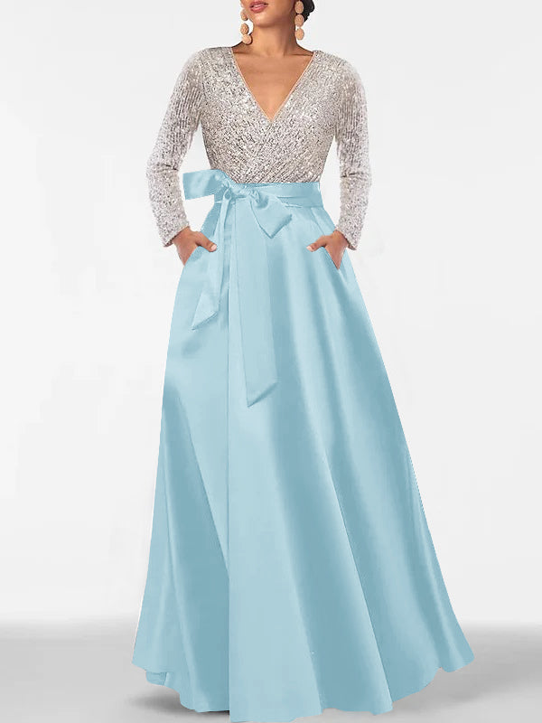 A-Line/Princess Evening Dresses V-Neck Long Sleeves Floor-Length Formal Gown With Pocket & Sequins