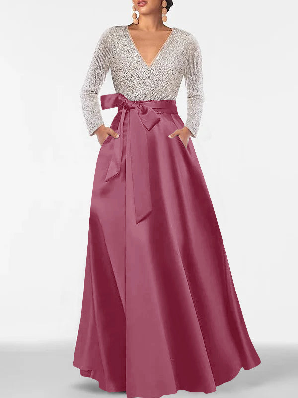 A-Line/Princess Evening Dresses V-Neck Long Sleeves Floor-Length Formal Gown With Pocket & Sequins