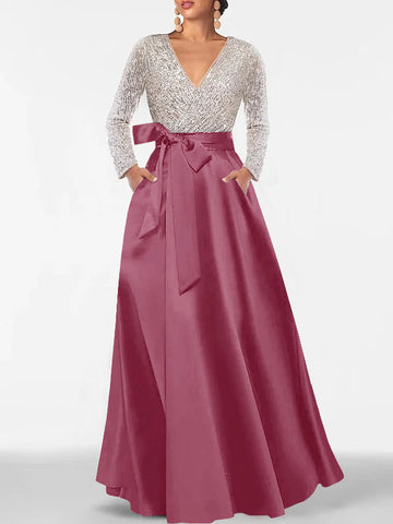 A-Line/Princess Evening Dresses V-Neck Long Sleeves Floor-Length Formal Gown With Pocket & Sequins