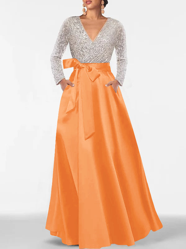 A-Line/Princess Evening Dresses V-Neck Long Sleeves Floor-Length Formal Gown With Pocket & Sequins