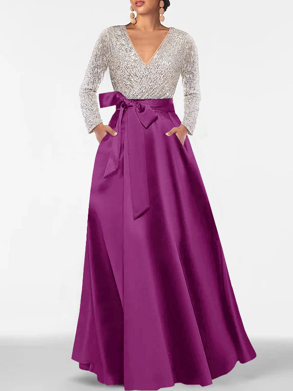 A-Line/Princess Evening Dresses V-Neck Long Sleeves Floor-Length Formal Gown With Pocket & Sequins