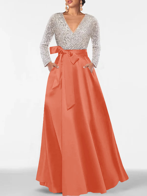 A-Line/Princess Evening Dresses V-Neck Long Sleeves Floor-Length Formal Gown With Pocket & Sequins