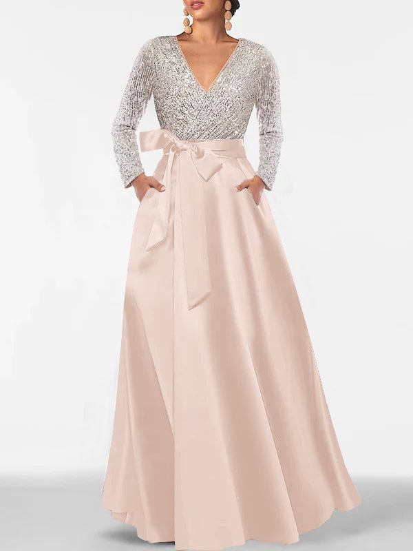 A-Line/Princess Evening Dresses V-Neck Long Sleeves Floor-Length Formal Gown With Pocket & Sequins