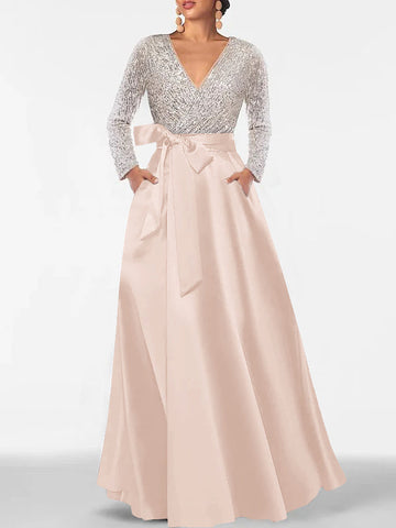 A-Line/Princess Evening Dresses V-Neck Long Sleeves Floor-Length Formal Gown With Pocket & Sequins